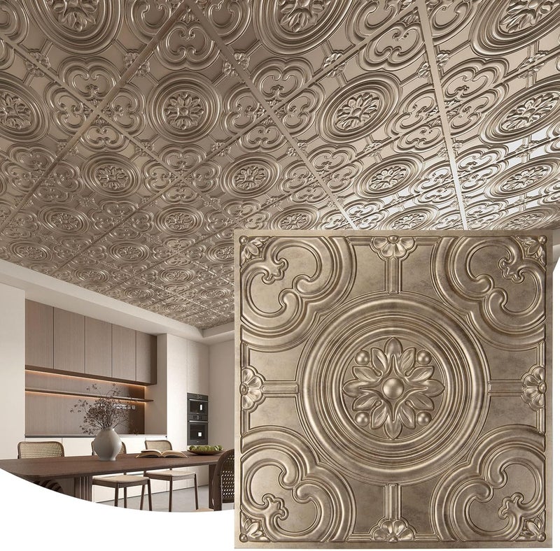 WOWSTAR 12-Pack 24"x24" Drop Ceiling Tiles, Waterproof Glue up Ceiling Panels, Antique Gold - Image 1